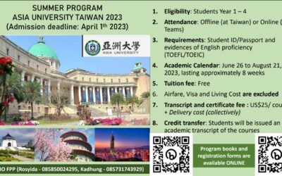 Pendaftaran Summer Program Asia University Taiwan 2023 Telah Dibuka Hari Ini